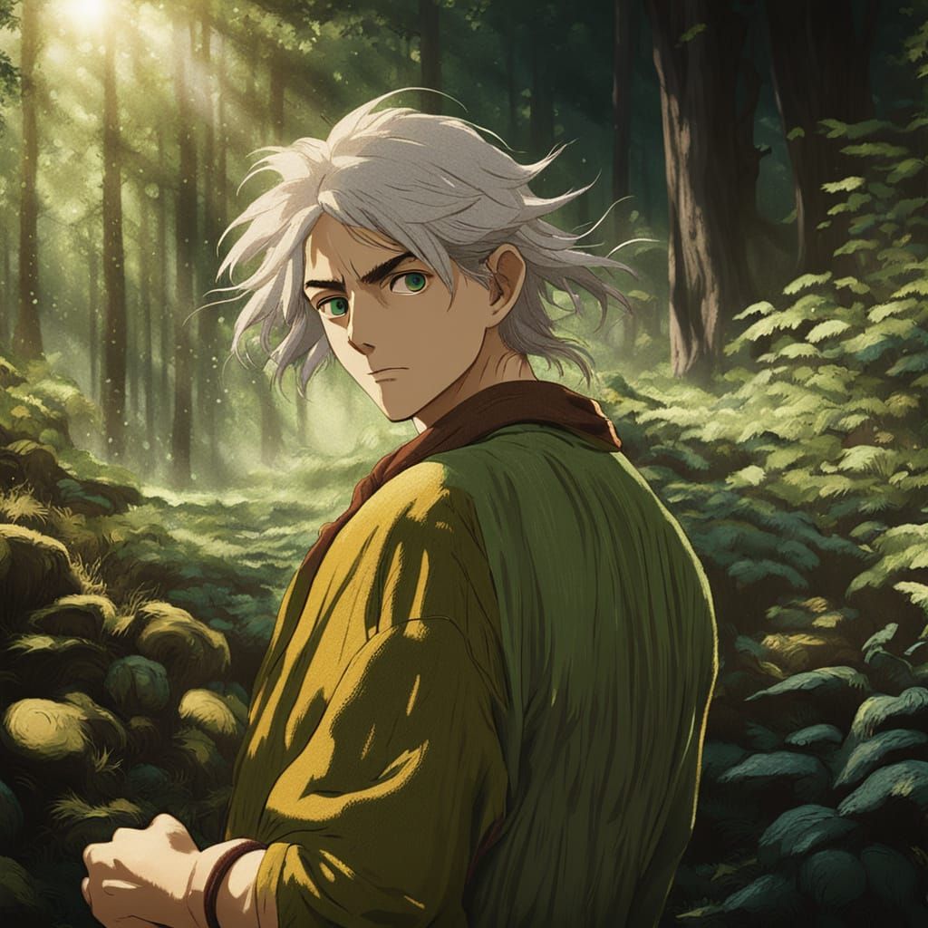 Anime-Inspired Portrait of a Young Man in a Forest Setting
