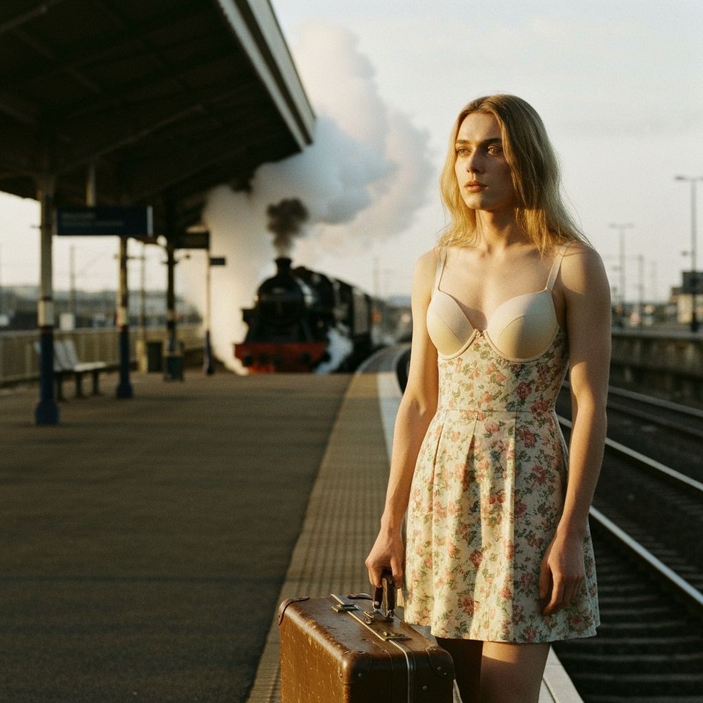 Androgynous Figure in Vintage Dress on Train Platform
