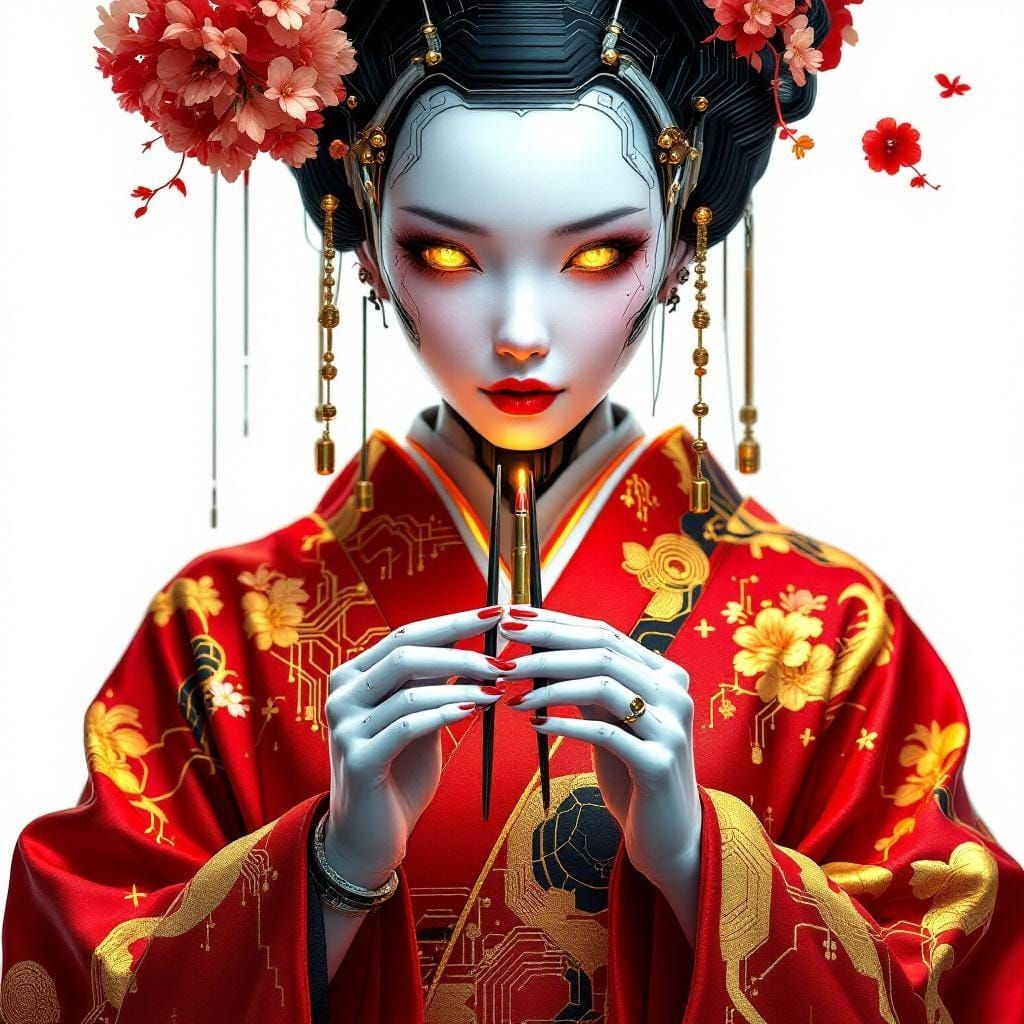 Cybernetic Geisha in High-Tech Kimono on White