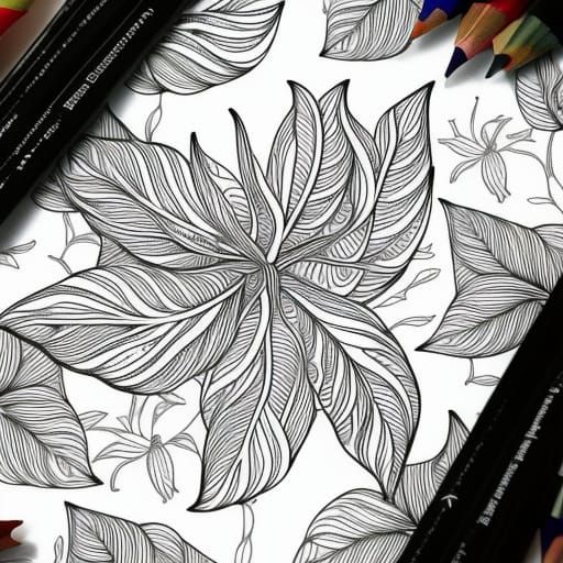 Tropical Flower Coloring Page, Intricate Pencil Sketch