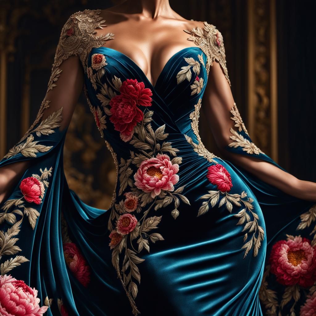 Woman in Floral Velvet Dress: Hyperrealistic Photo