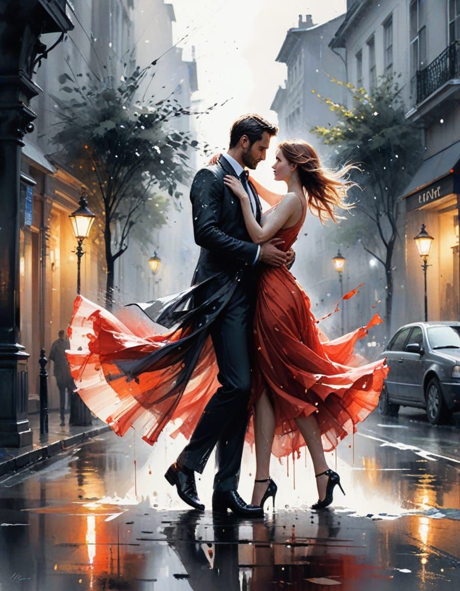 Elegant Couple Waltzing in Rainy Street, Watercolor Art