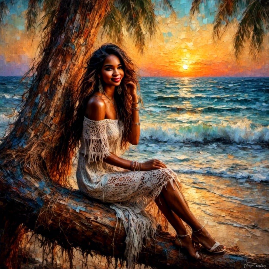 Boho Fashion Woman at Sunrise, Oil Impasto