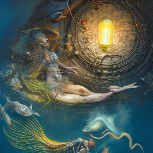 Lanternfish Luring Mermaid in Dark Ocean, Detailed Digital A...