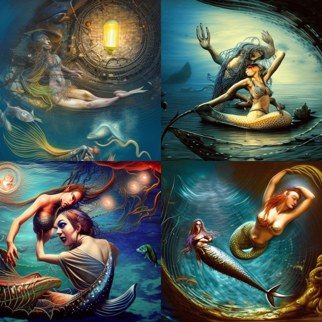 Lanternfish Luring Mermaid in Dark Ocean, Detailed Digital A...