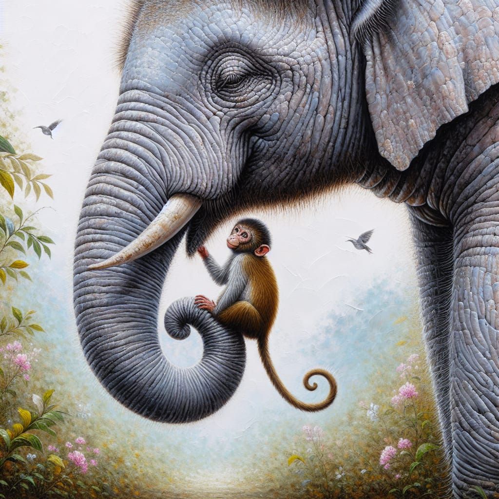 Elephant and Monkey: Heartwarming Acrylic-and-Oil Painting