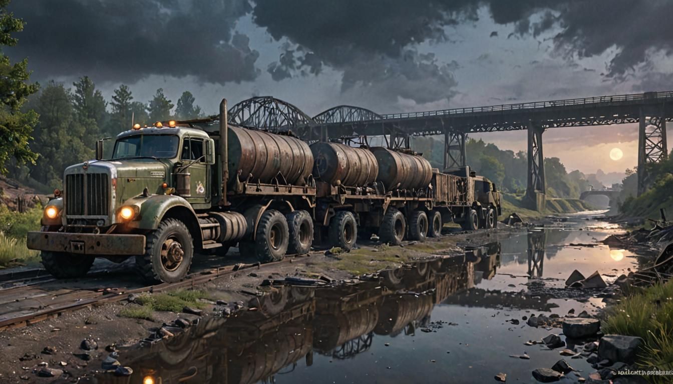 Dieselpunk Military Truck Crossing Wasteland Bridge