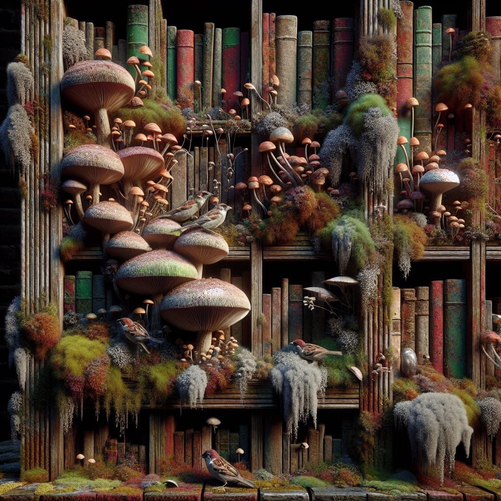 Sparrows Nesting in a Mushroom-Covered Bookcase