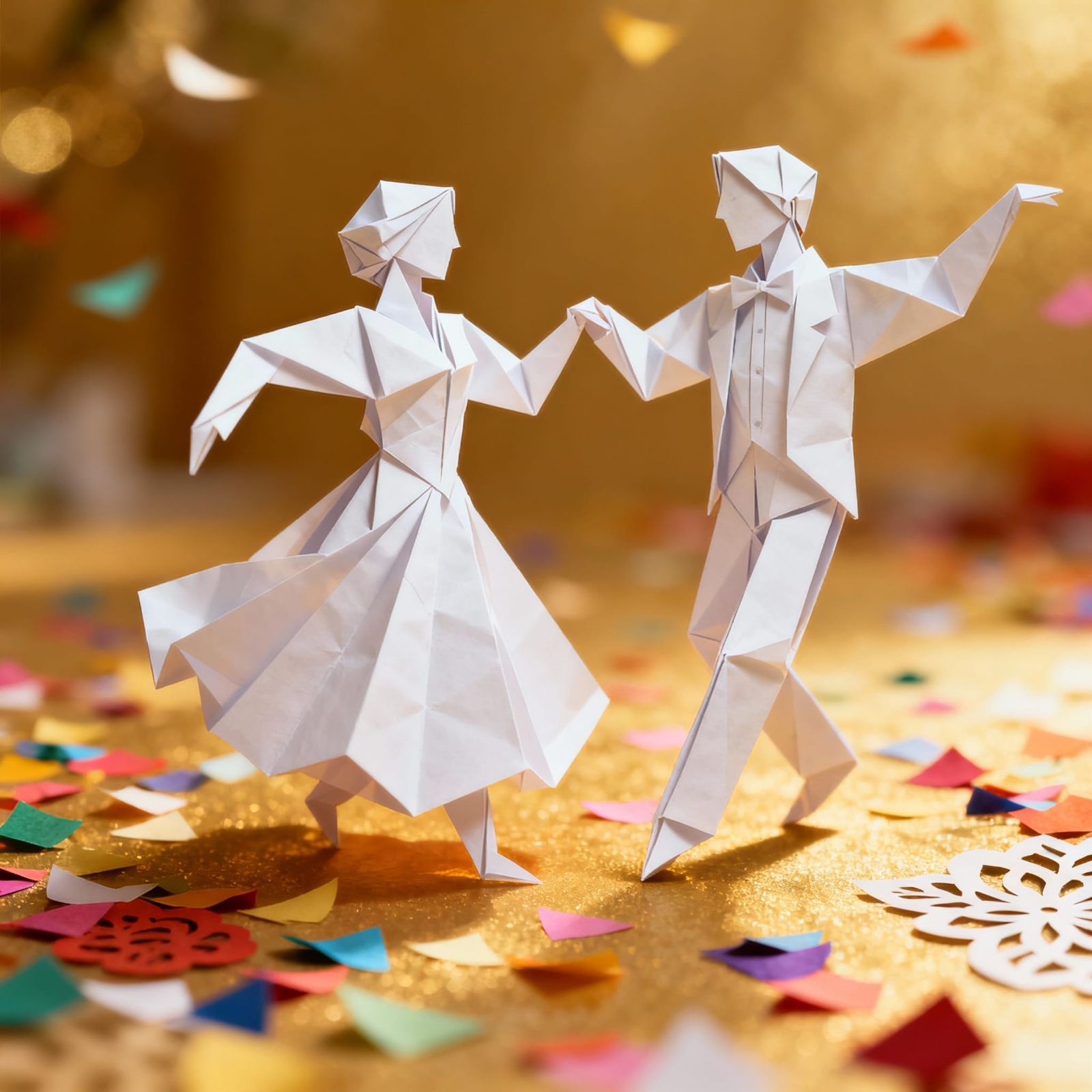 Origami Couple Waltzing in Vibrant Confetti