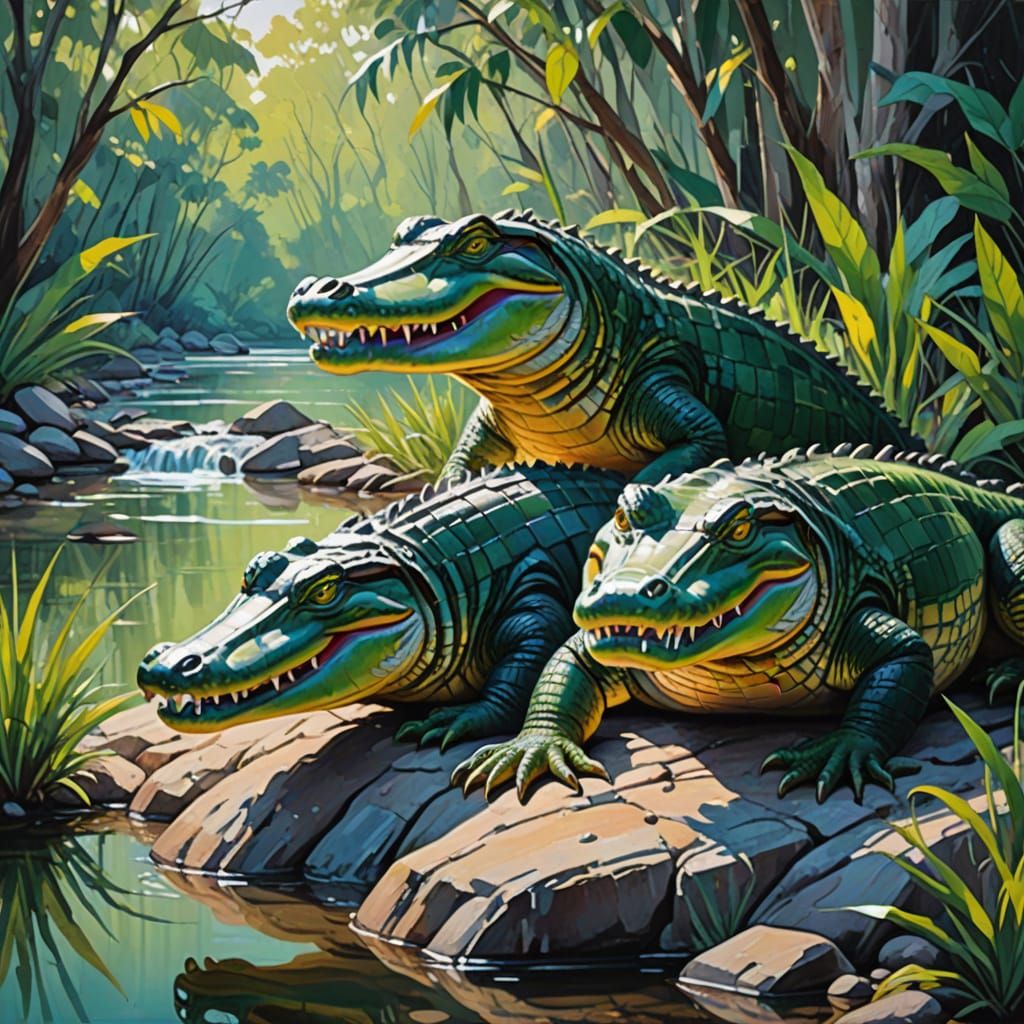 Vibrant Gouache Alligators Basking in Warm Sunlight