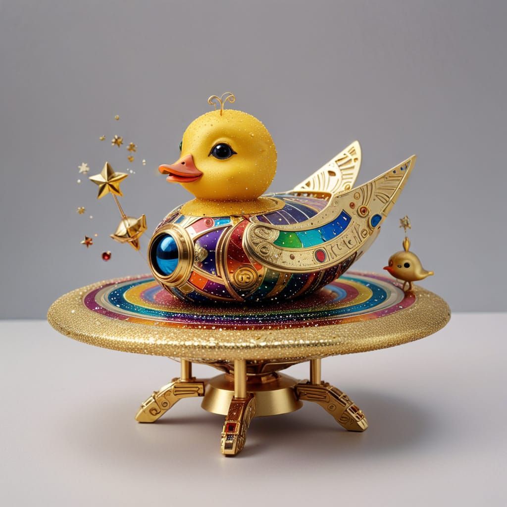 Klimt Style Rainbow Spacecraft with Playful Duckling