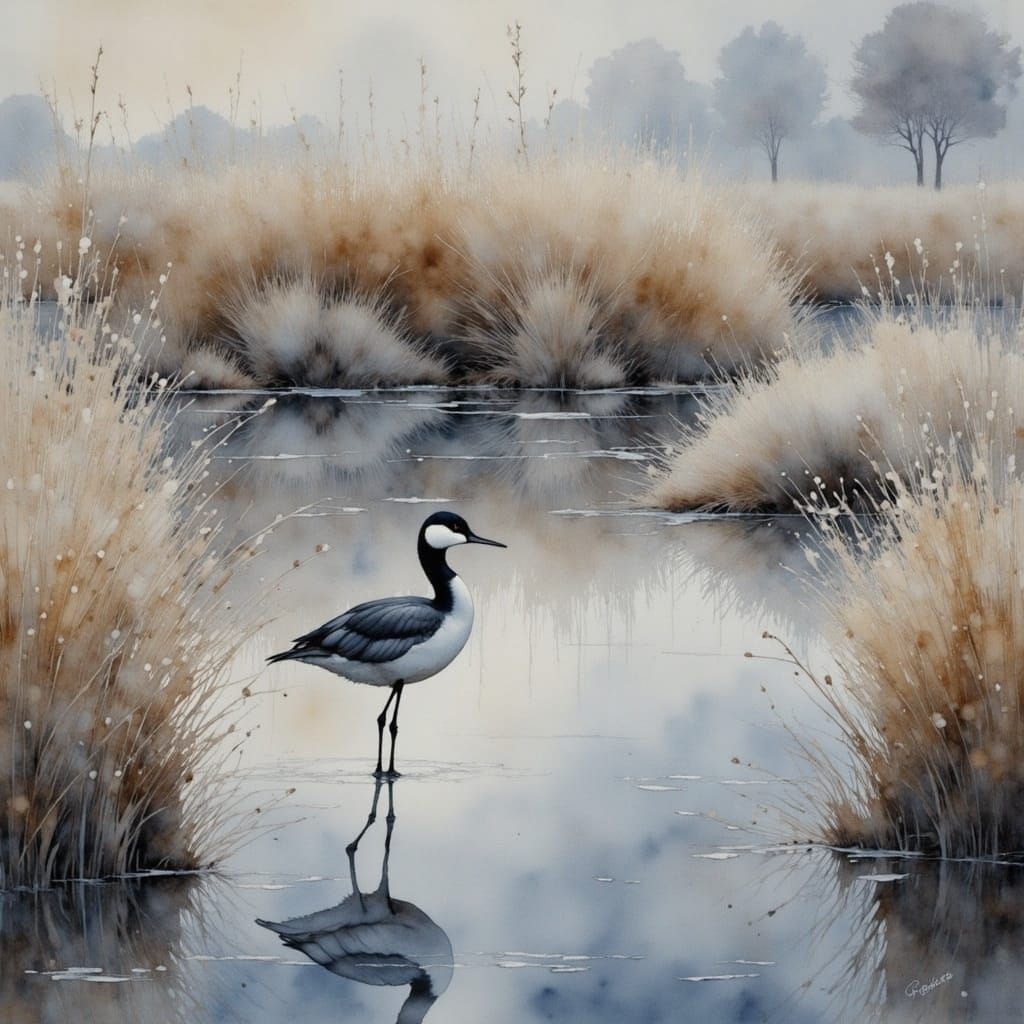 Great Crested Grebe on Frozen Lake: Watercolor