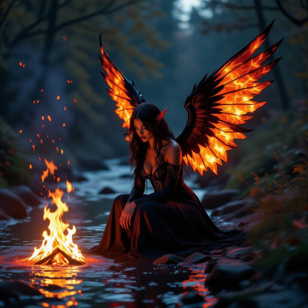 Gothic Fire Fairy Kneeling by Lava Stream