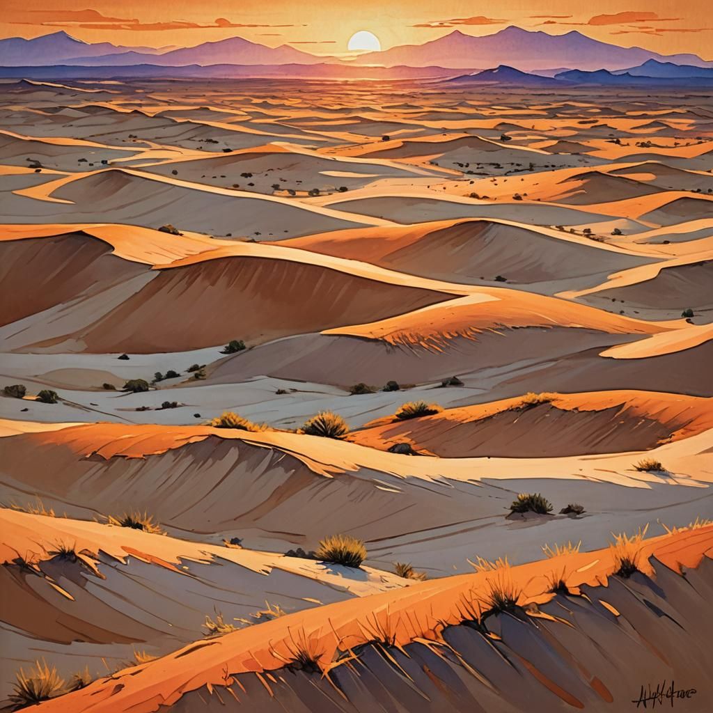 Vibrant Orange Sunset Desert Landscape in Expressive Gouache...