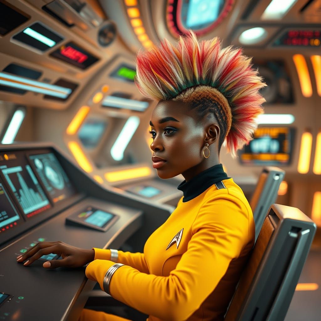 Astronaut in Vibrant Starfleet Uniform, Surrounded by Futuri...