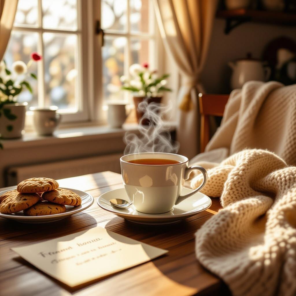Cozy Kitchen Scene with Tea and Cookies in Warm Light