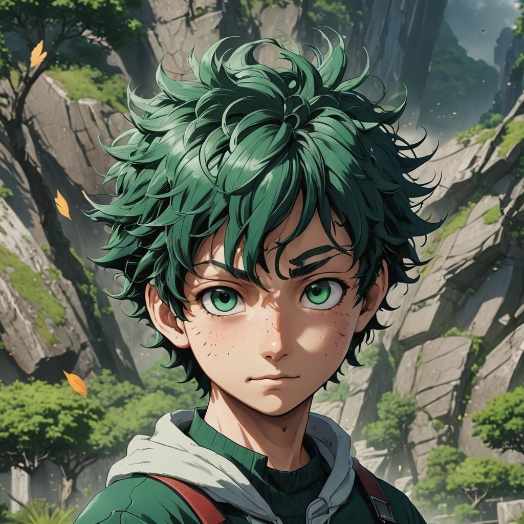 Anime Boy with Green Hair, Detailed Digital Painting