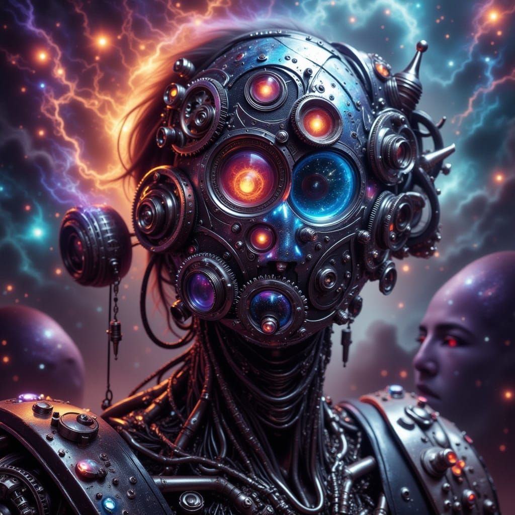 Steampunk Automaton Reflecting Nebula in Digital Art Style