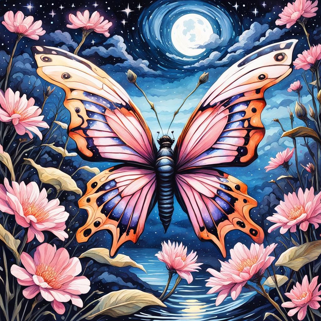 Ethereal Gothic Butterfly Under Starry Night in Watercolor