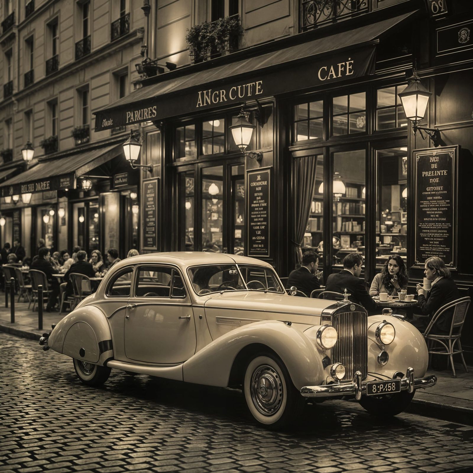 1940s Parisian Cafe Scene with Vintage Coupe