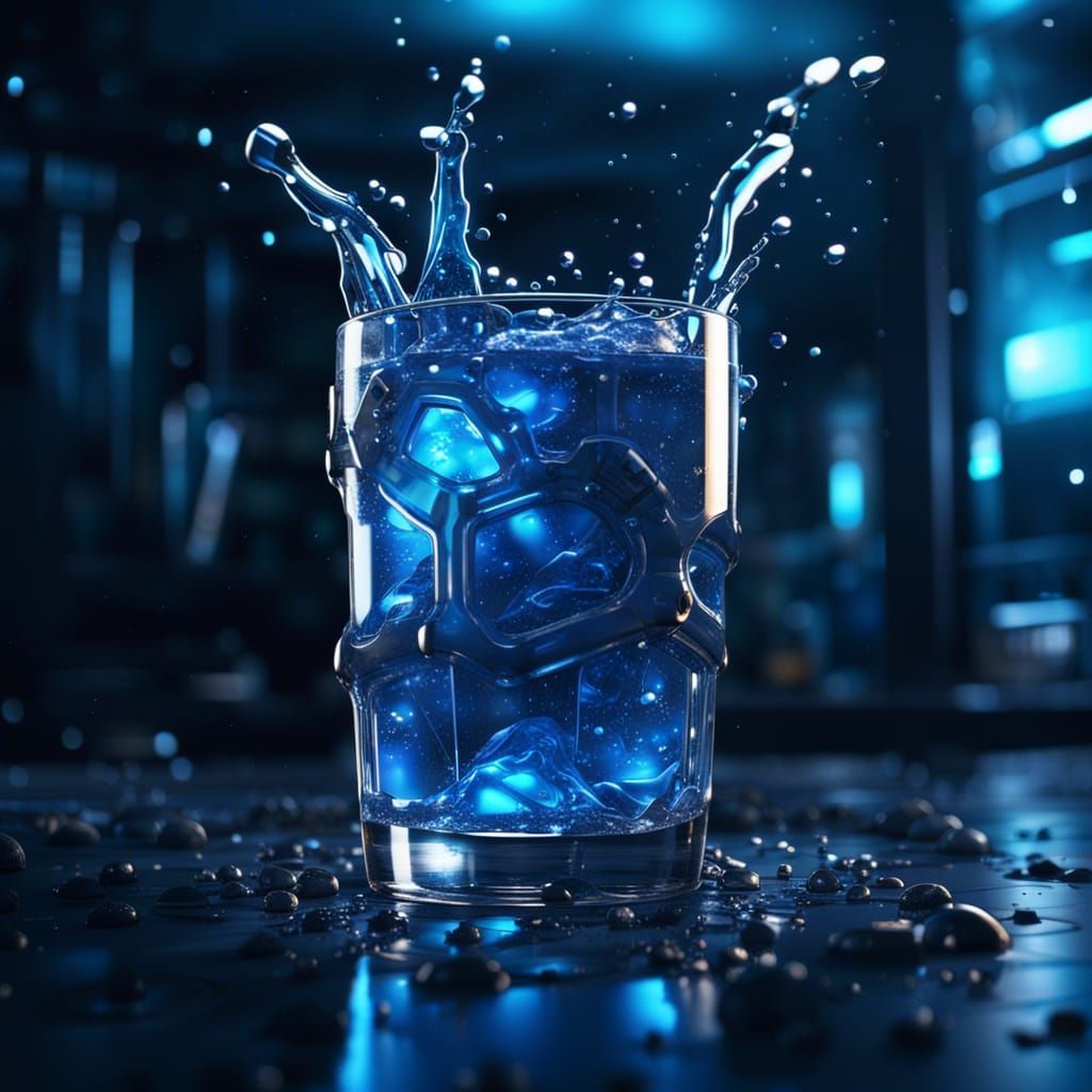3D Blue Drink with Ice and Splashing Liquid