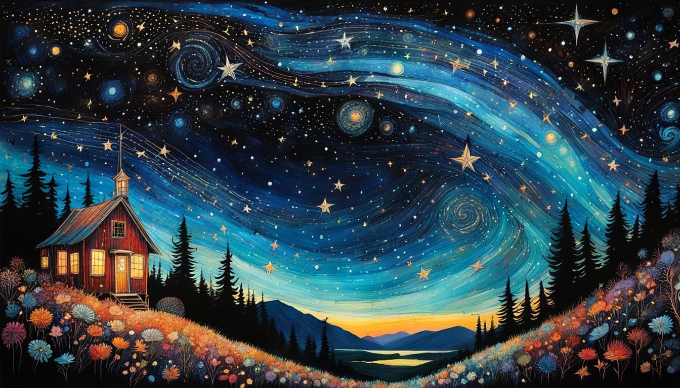 Vibrant Stars in Night Sky, Art Brut Illustration