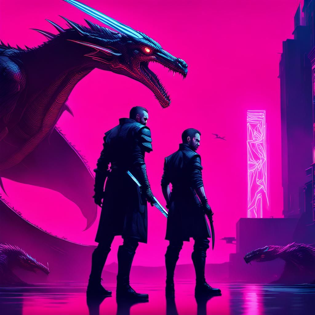 Cyberpunk Knights Duel with Dragons in Neon City