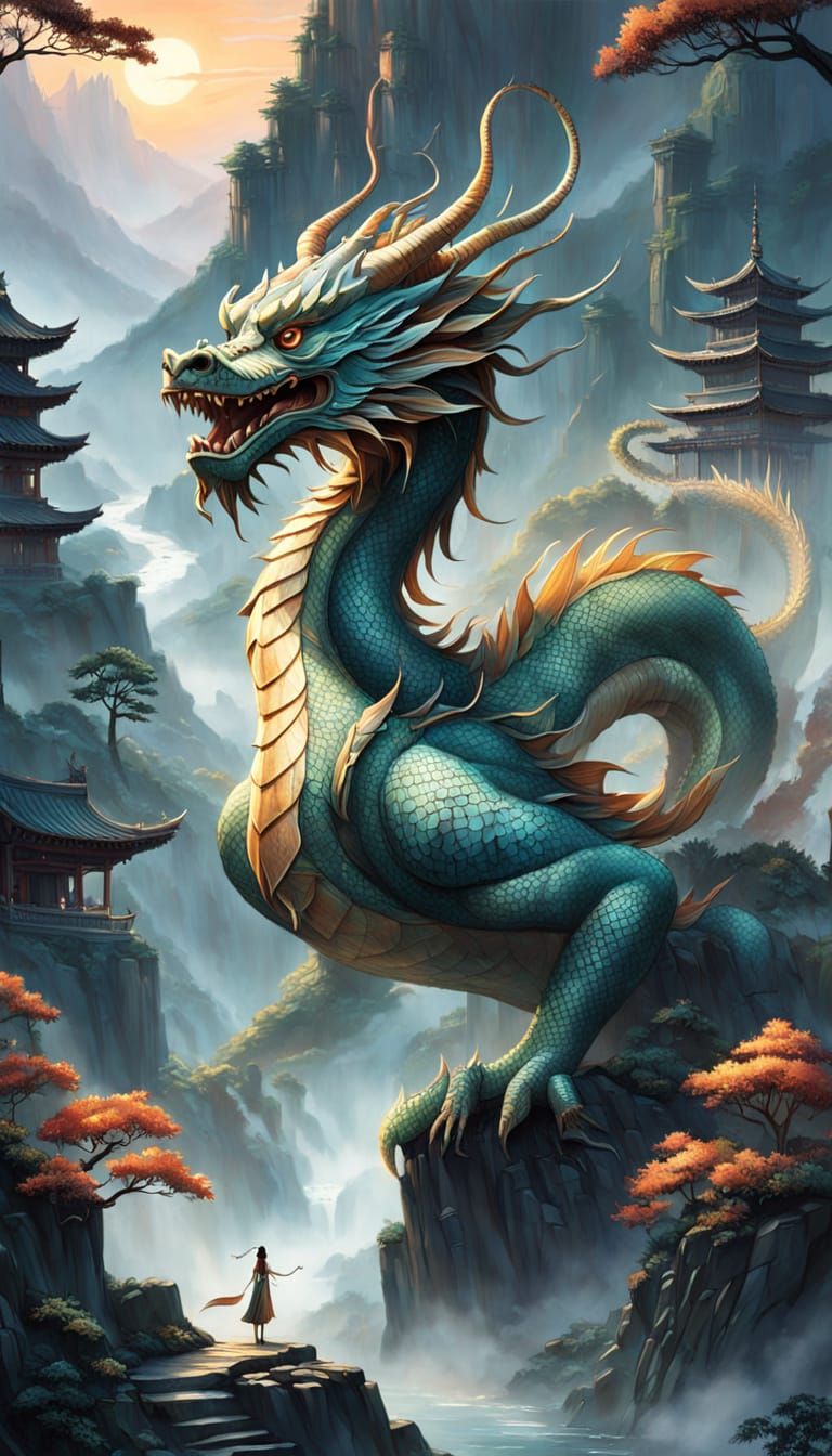 Chinese Dragon Soaring Through Misty Mountains