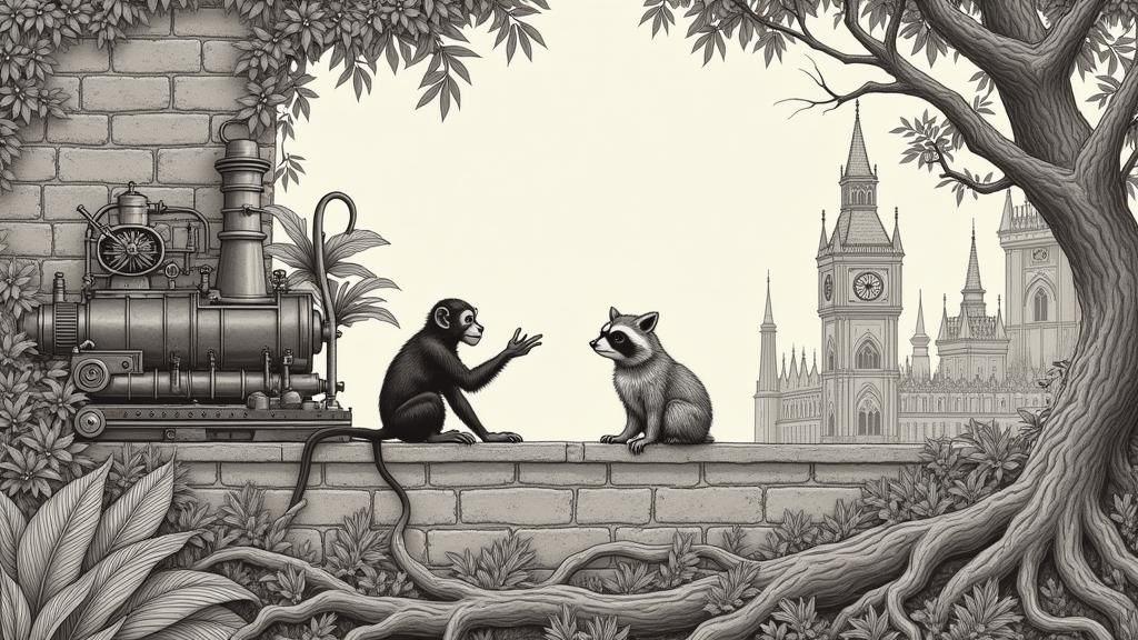 Vintage Steampunk Jungle Scene with Monkey, Owl, and Raccoon