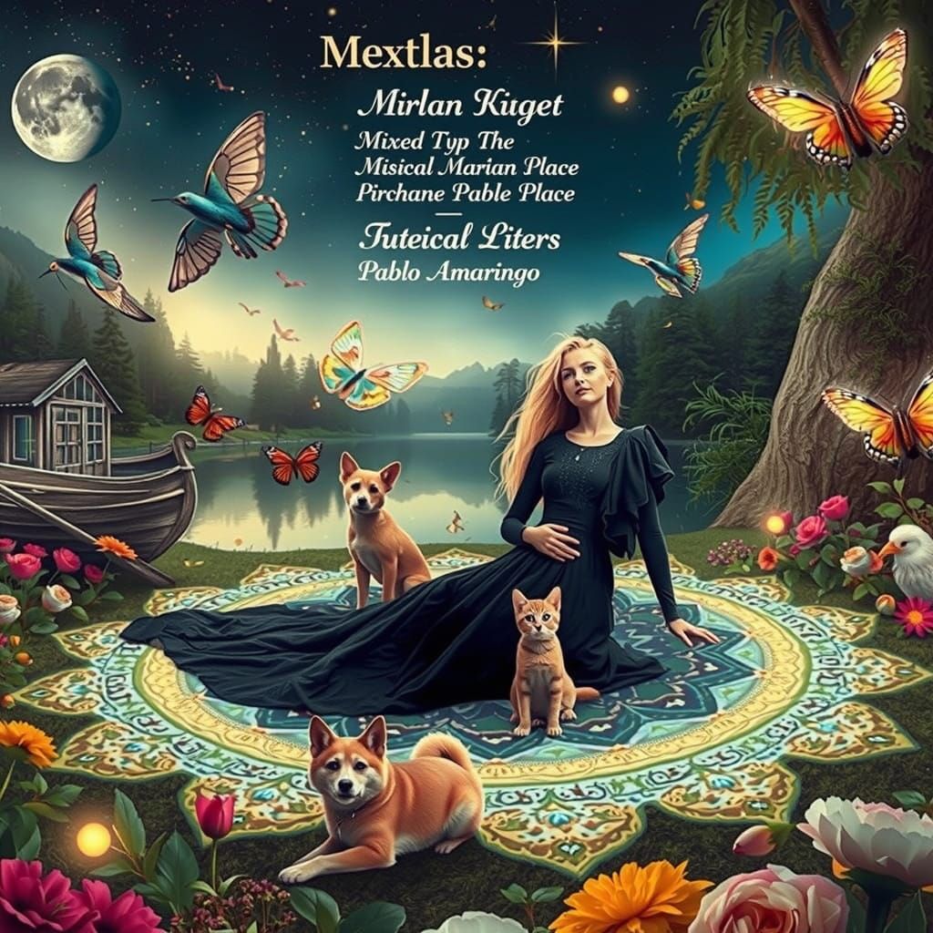 Woman in Whimsical Hyperreal Forest Scene, Mixed Media