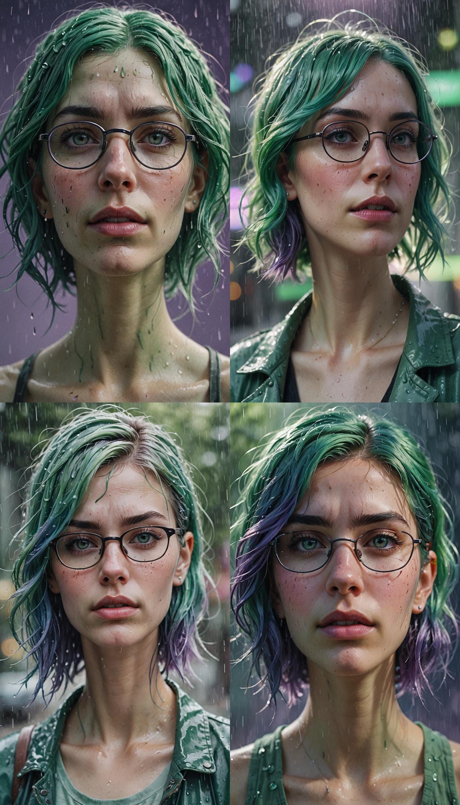 Green-Haired Woman in the Rain: Digital Illustration