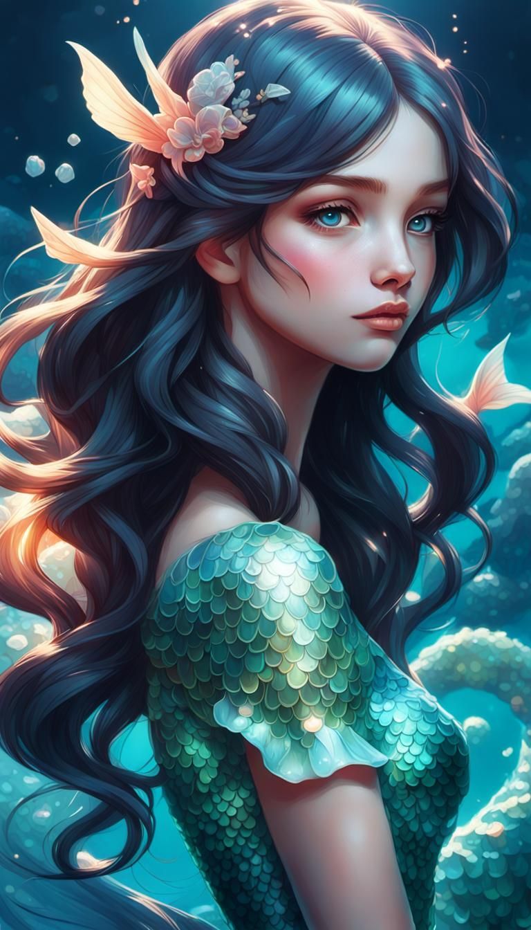 Beautiful Mermaid Portrait in Art Nouveau Style