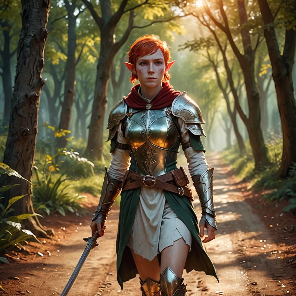 Female Elf Warrior on Forest Path: Fantasy Illustration