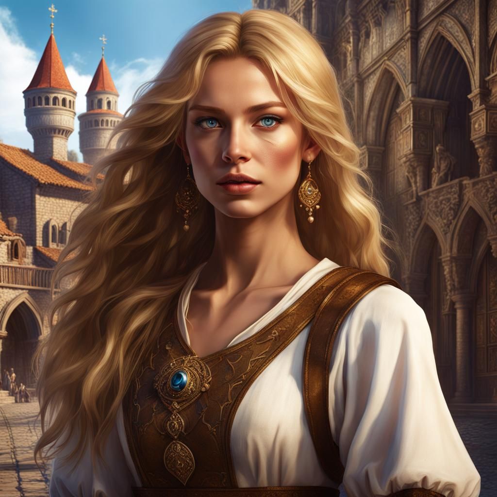 Teen Girl in Renaissance City, Detailed Fantasy Art