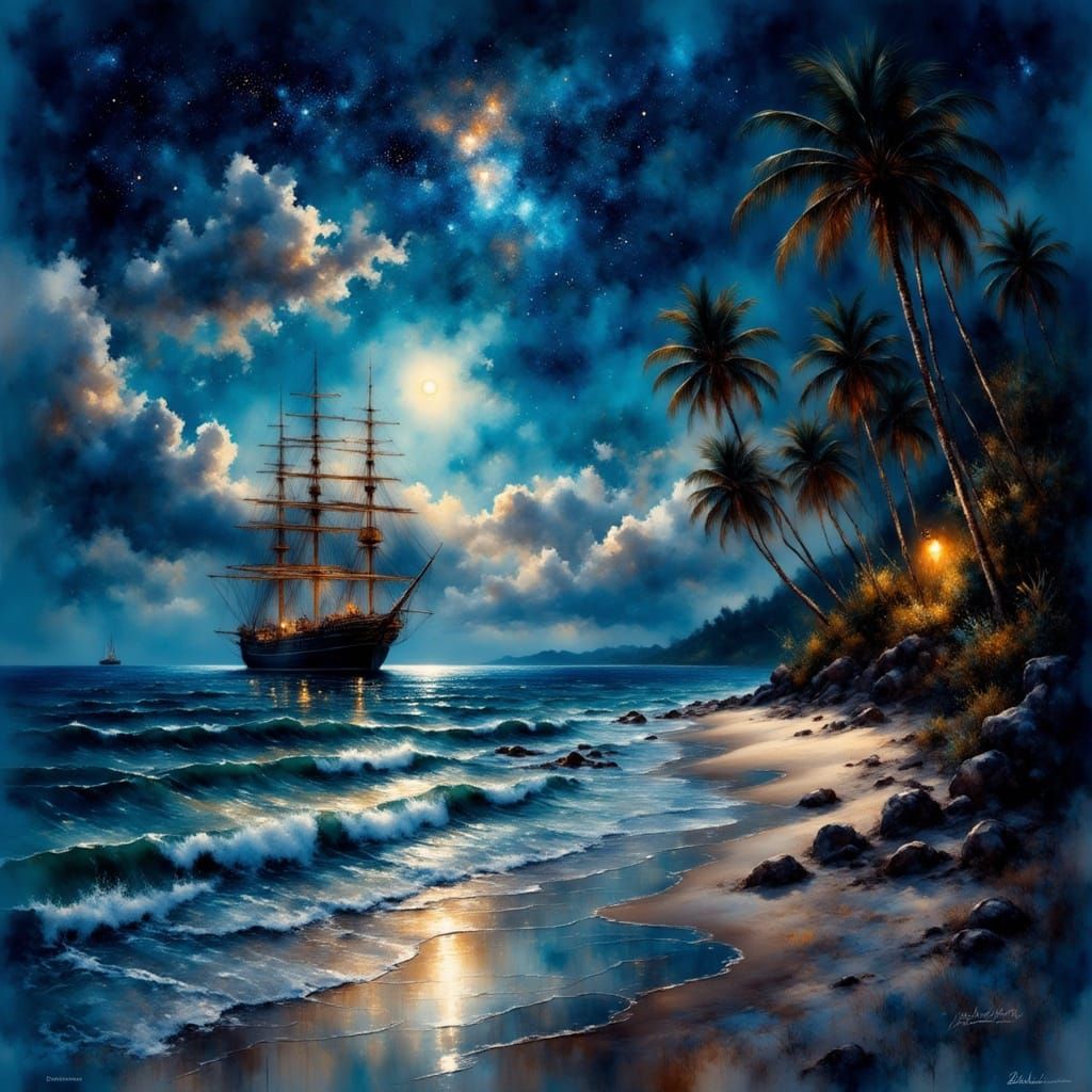 Caribbean Coastline at Night: Hyperrealistic Illustration