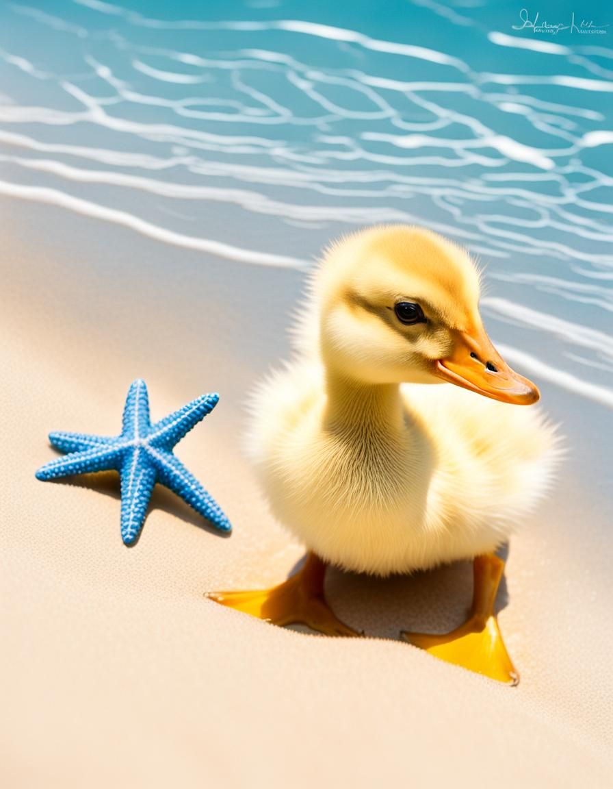 Duckling and Starfish Beach Scene