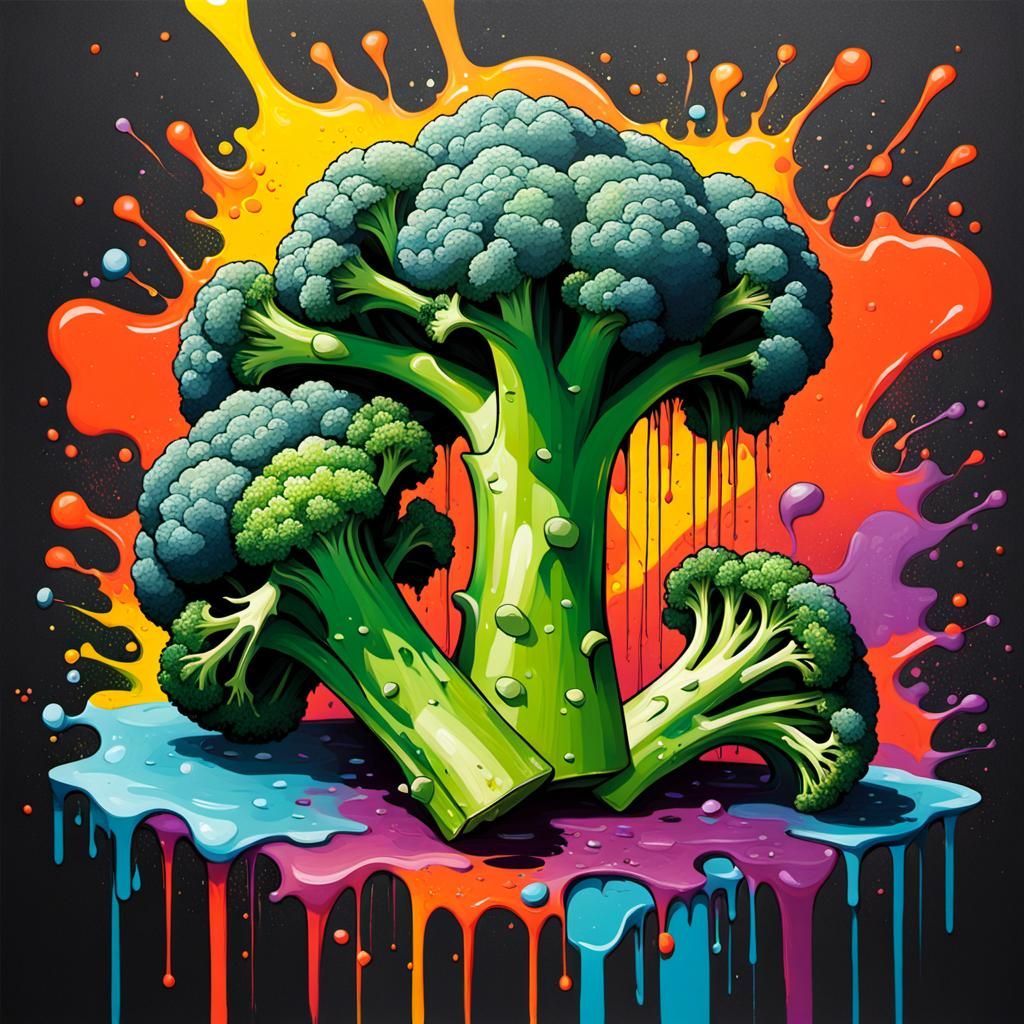 Broccoli Graffiti Art in Polychromatic Splash Style
