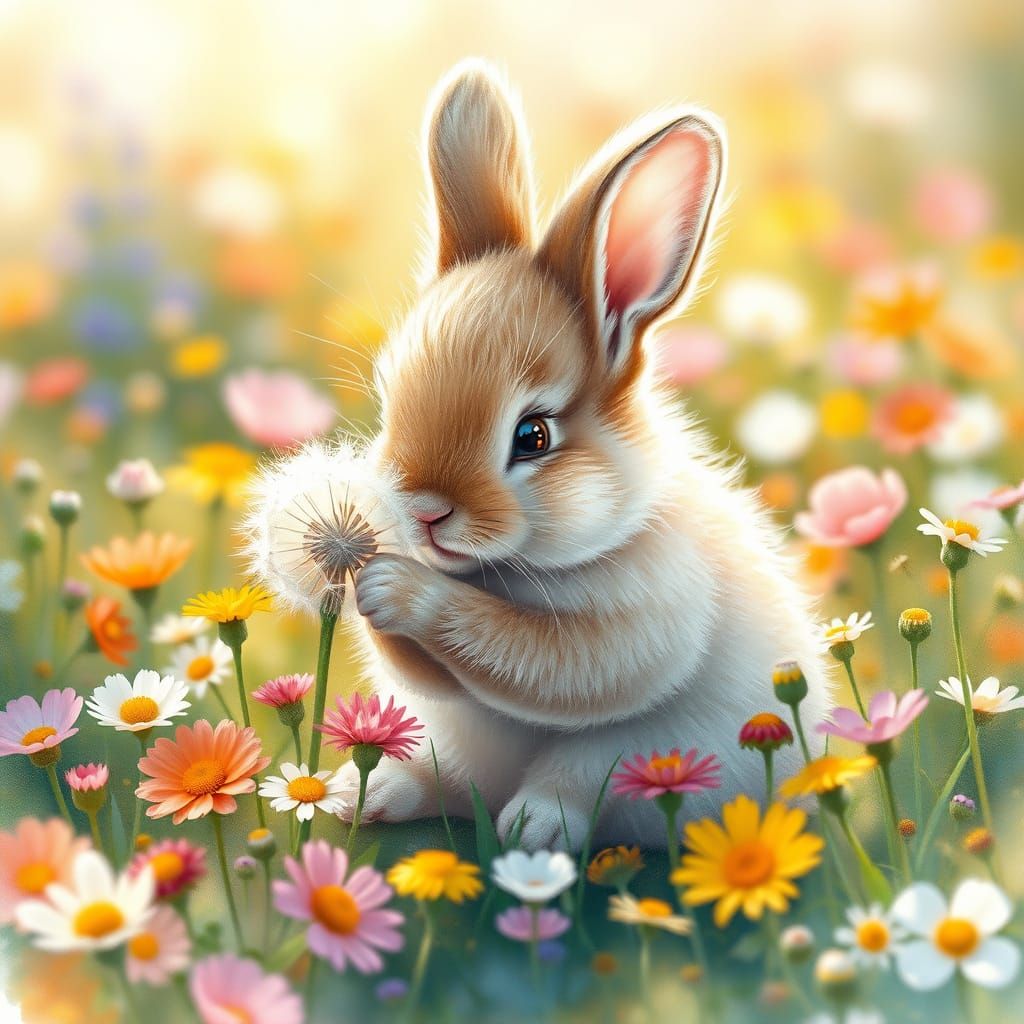 Whimsical Bunny in a Vibrant Field of Wildflowers