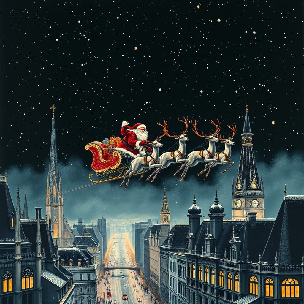 Magical Santa Claus Soars Through Winter Night Sky