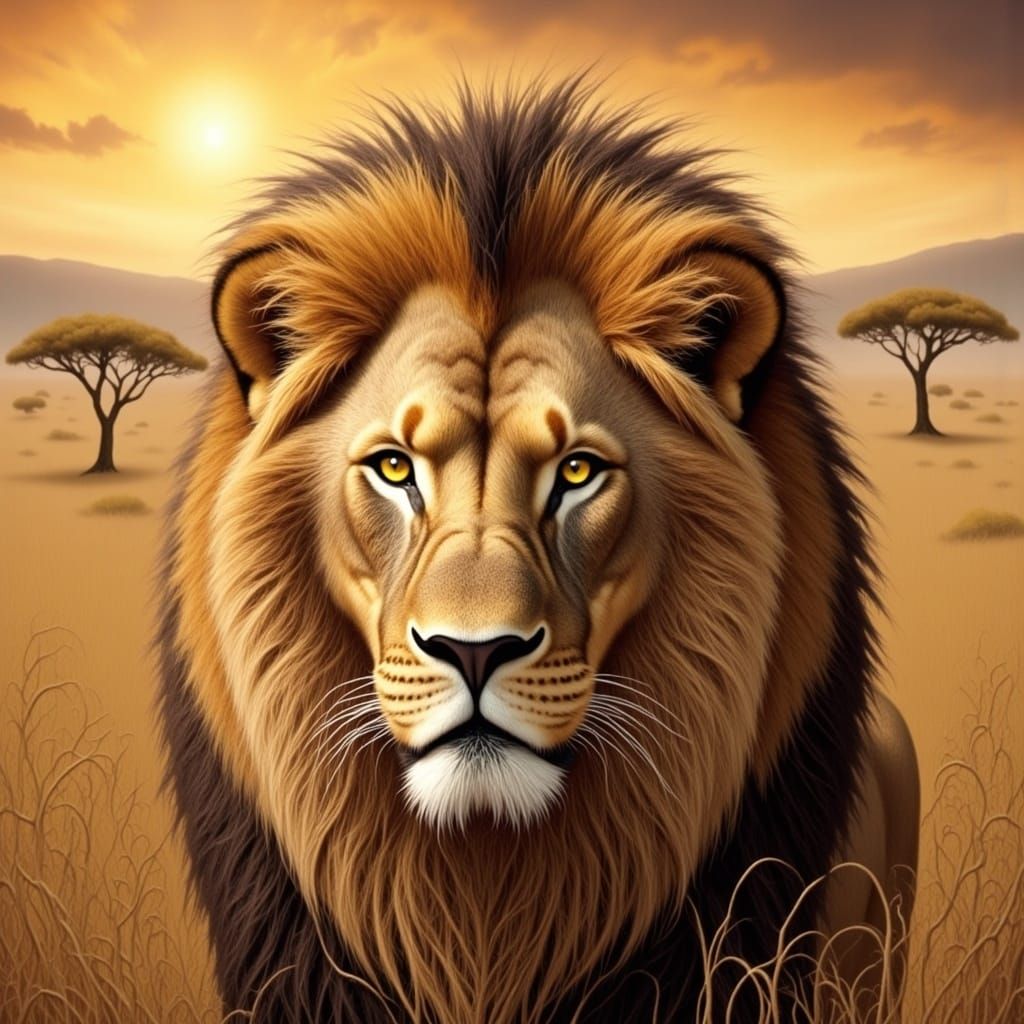 Majestic Lion in Golden Savannah Landscape