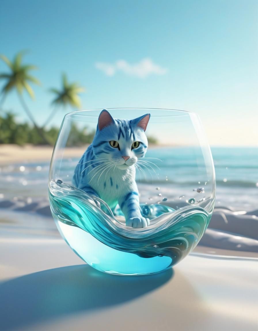 Glass Cat Merges into Abstract Beach Scene