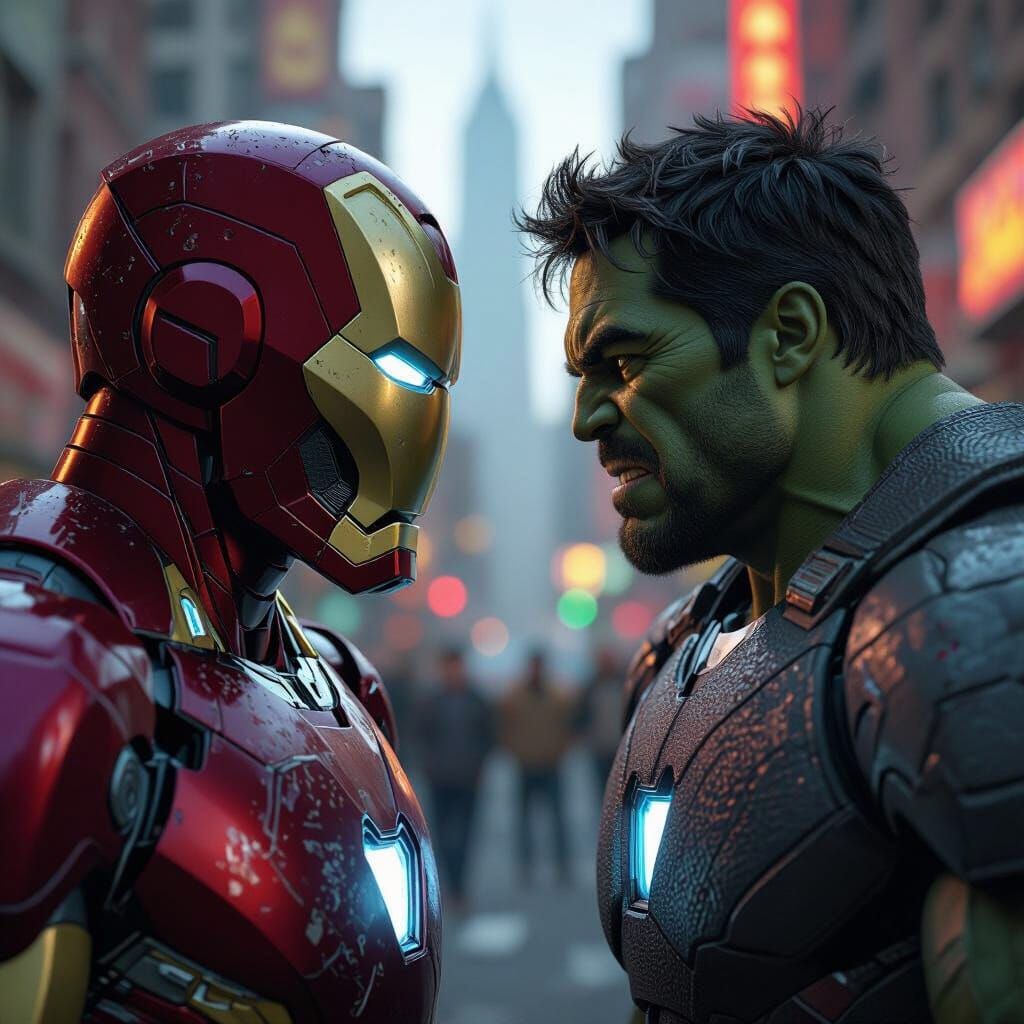Iron Man and Hulk in Dynamic Cityscape Battle