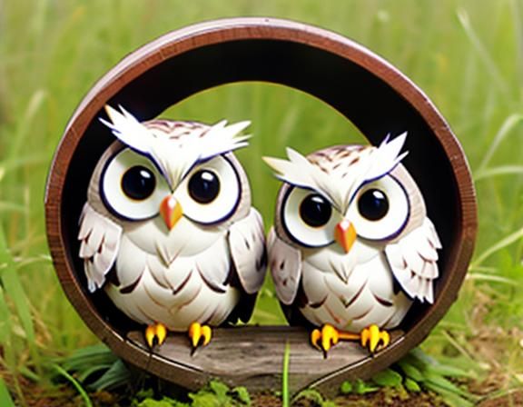 Two Cute Cartoon Owls on Branch