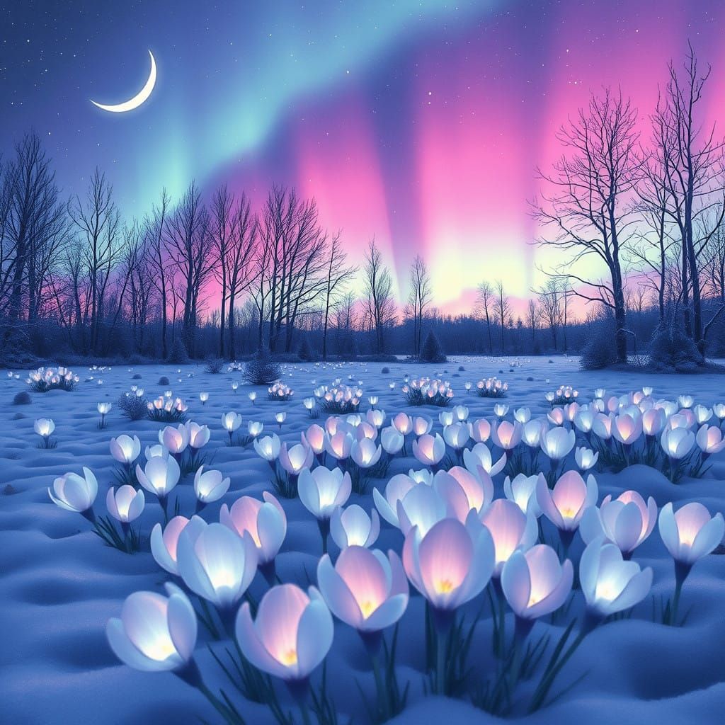 Dreamlike Winter Landscape with Ethereal Crocus Flowers
