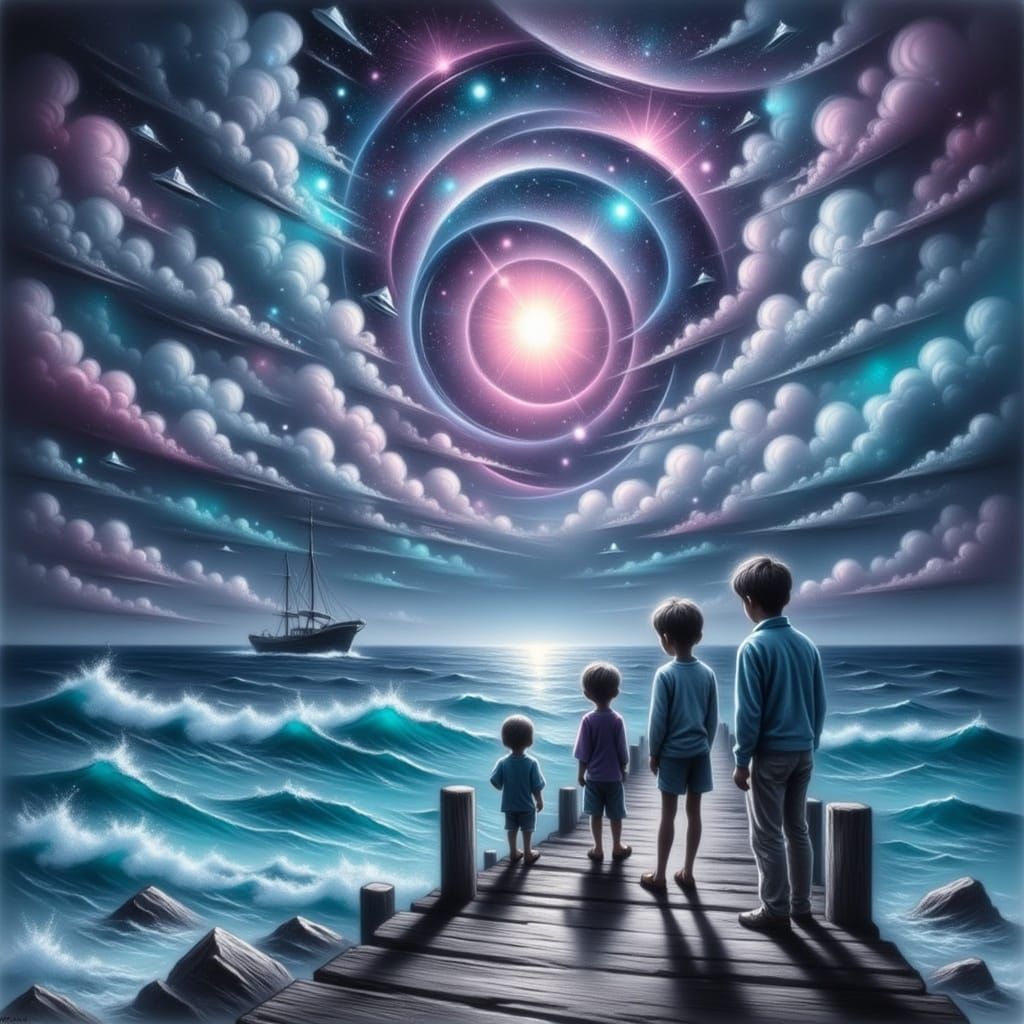 Children Gaze at Cosmic Sky, Mixed Media Illustration