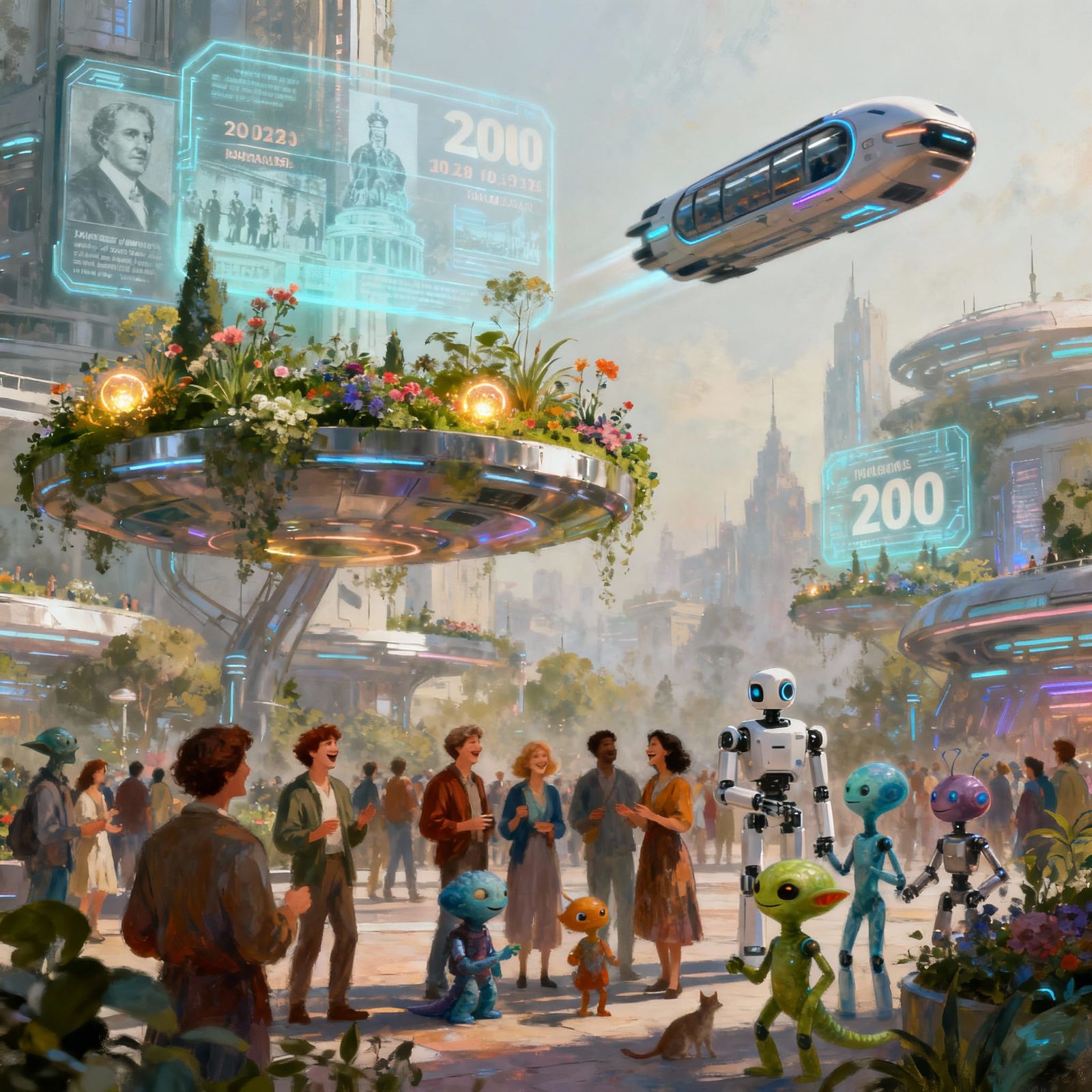 Reunion Photo in a Bustling Future City of 2200