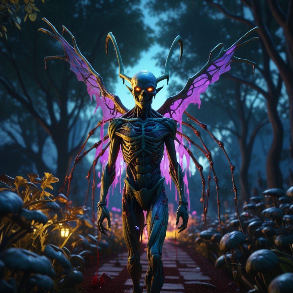 Ancient Being Harvests Blood Sap in Evil Garden at Dusk