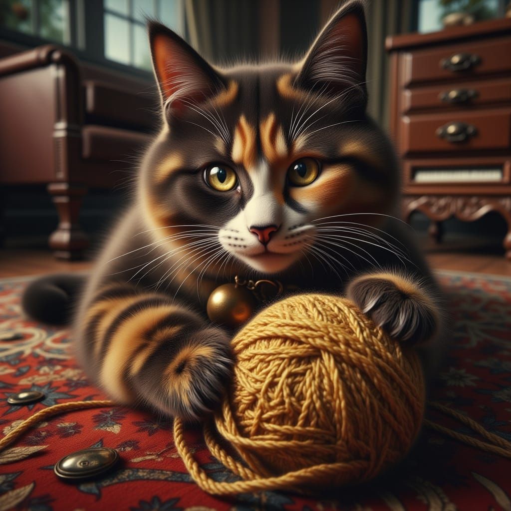 Calico Cat Stalks Giant Yarn Ball Under Armchair
