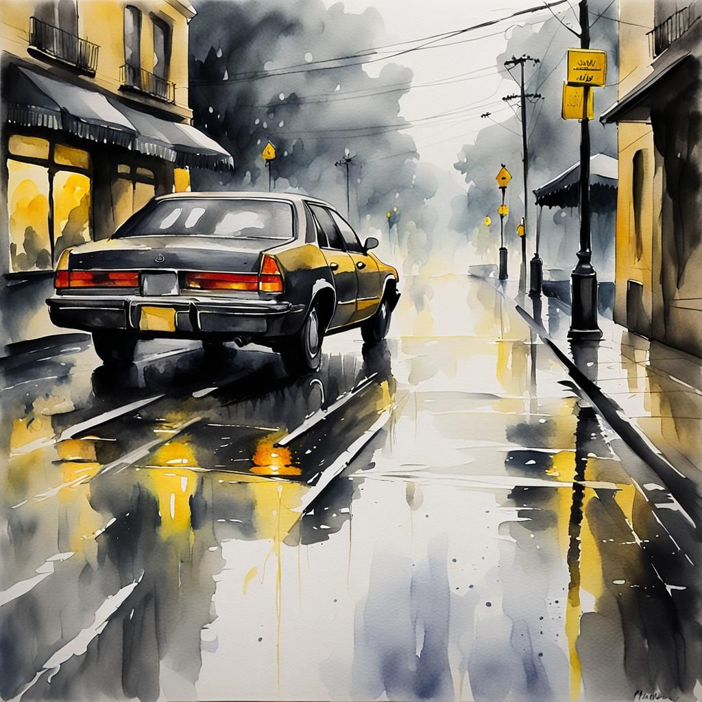 Lonely Car on Rainy Street, as Watercolor