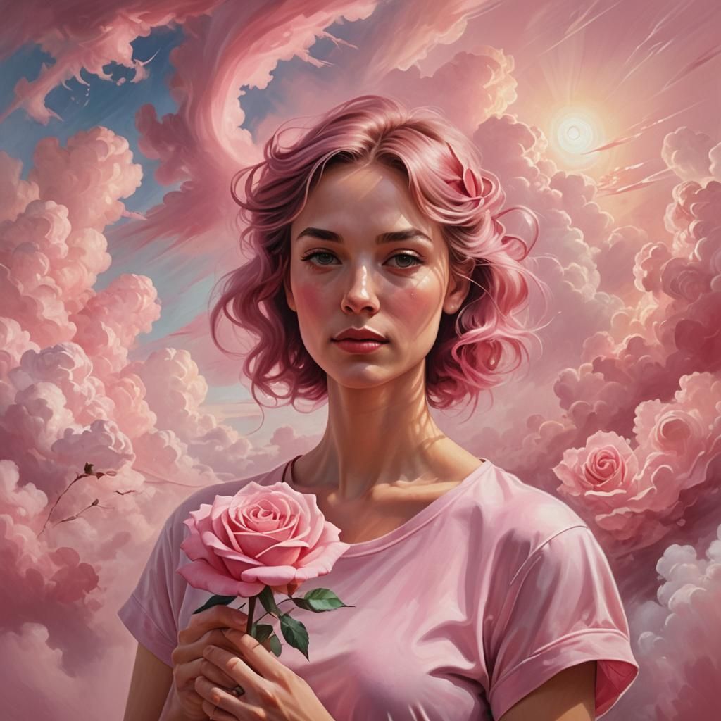 Pink Surrealism: Woman with Rose in Pink Clouds